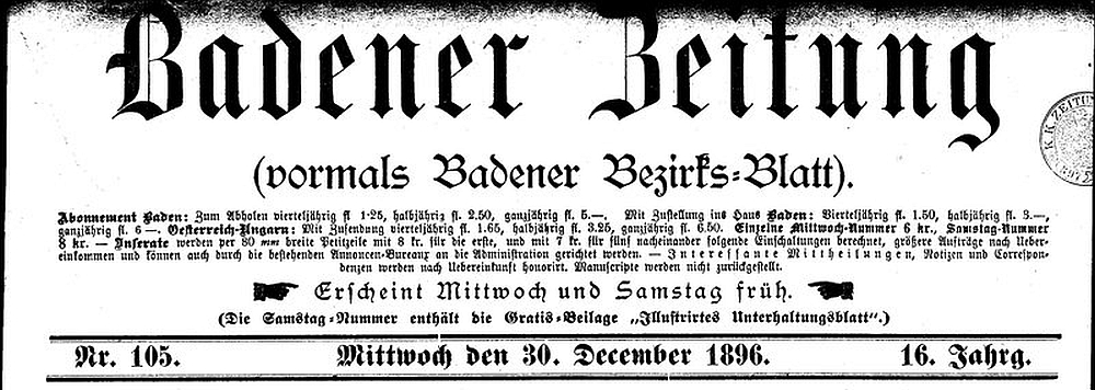 Titelblatt einer alten Badener Zeitung